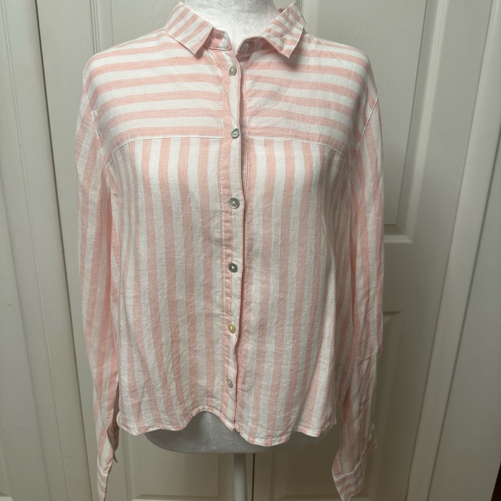 Pink and White Striped Linen Button-Down Crop Shirt Size Large